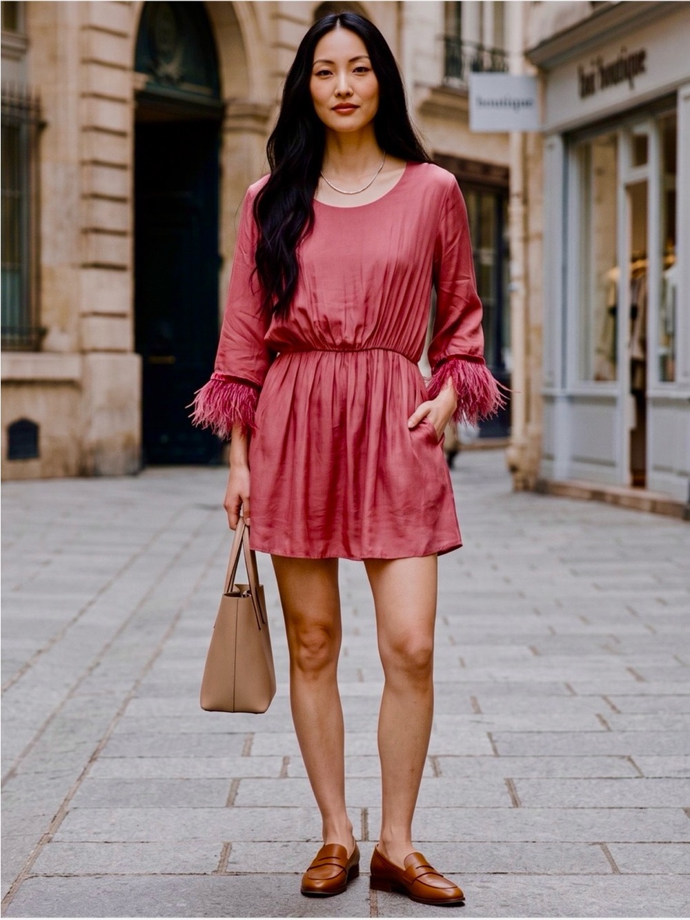 Lola Silk Viscose Feathered Cuff Hem Mini Dress Terracotta Size Large   NWT